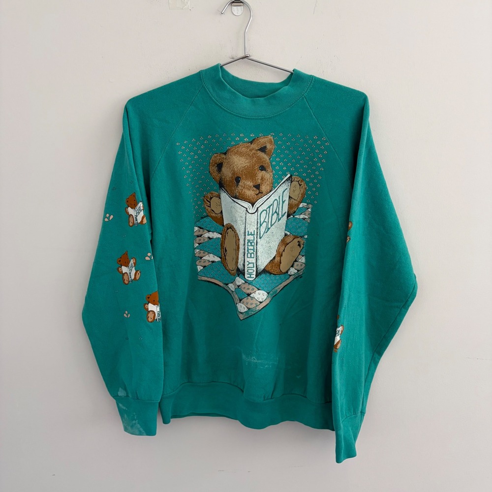 Vintage Fruit of the Loom Bible Teddy Bear Sweatshirt Green Large USA Made